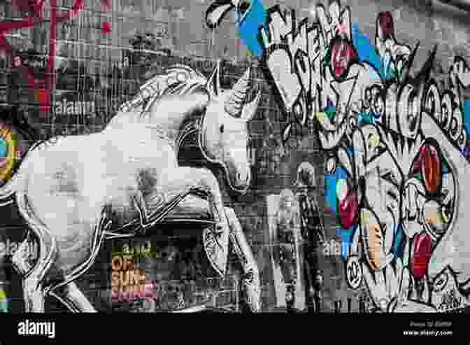 A Street Scene With People Walking And A Unicorn Graffiti On The Wall Street Unicorns Robbie Quinn